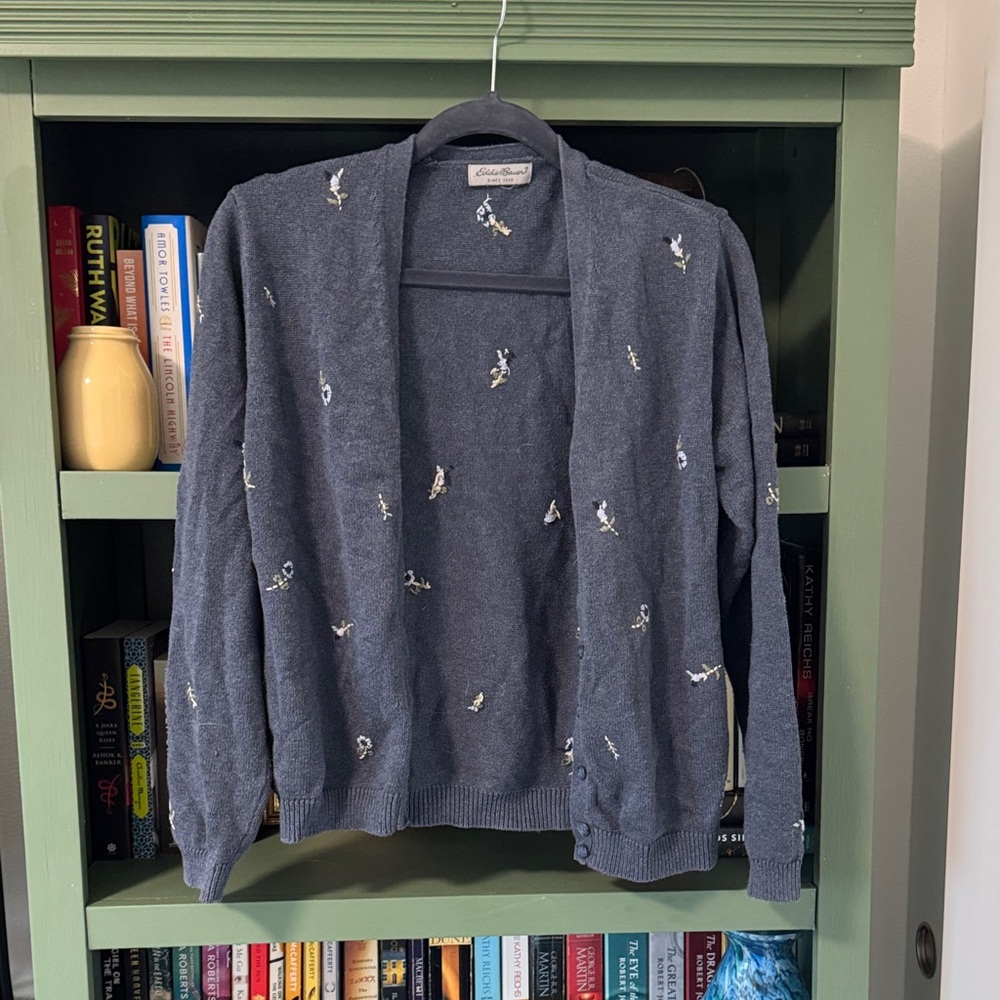 Eddie Bauer Blue Cardigan with Floral Embroidery